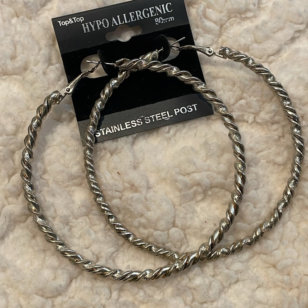 Top&Top, Hypoallergenic Hoop Earrings, Silver tone, Large, Stainless steel post